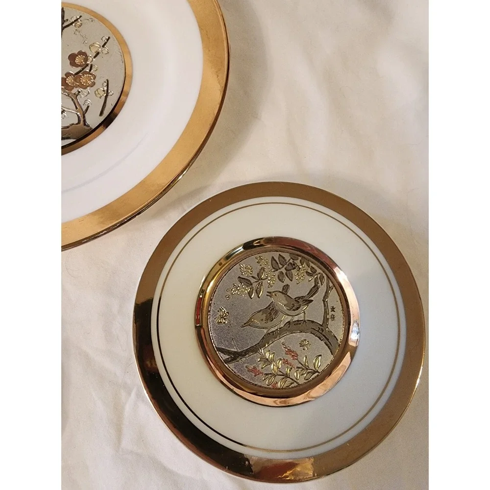 The‎ Art Of Chokin 24 Kt Gold Edge Plate Set Of 3 Birds And Flowers EUC